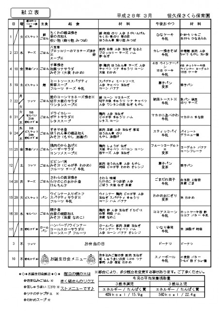 03月の献立表