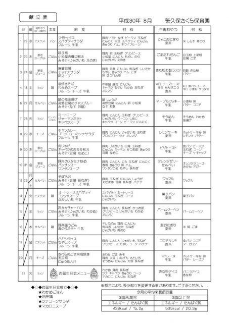 8月の献立表