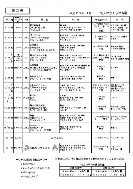 01月の献立表