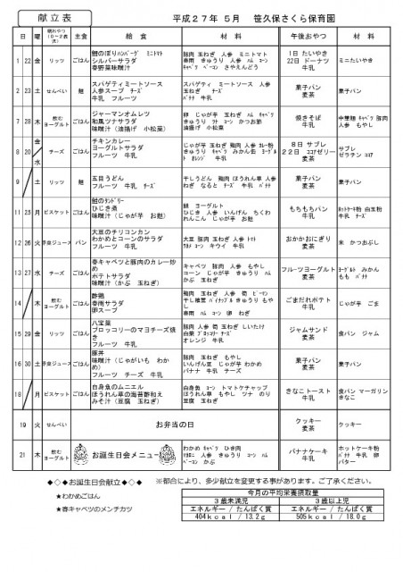 5月の献立表